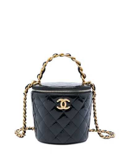 Pre-owned Chanel 2021-2026 Quilted Patent Afternoon Tea Top Handle Vanity Case With Chain Satchel In Black