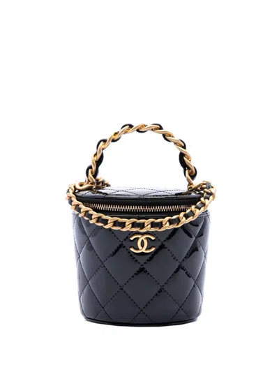 Pre-owned Chanel 2021-2026 Quilted Patent Afternoon Tea Top Handle Vanity Case With Chain Satchel In Black