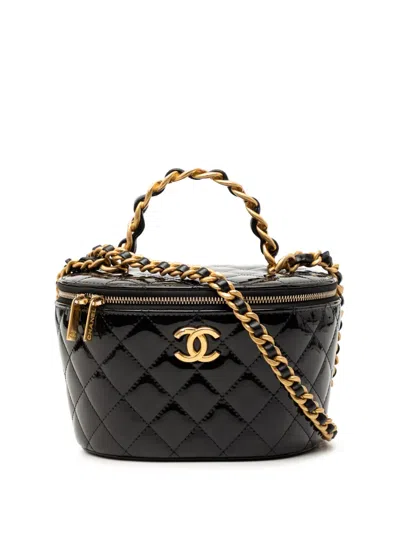 Pre-owned Chanel 2021-2026 Quilted Patent Afternoon Tea Vanity Case With Chain Satchel In Black