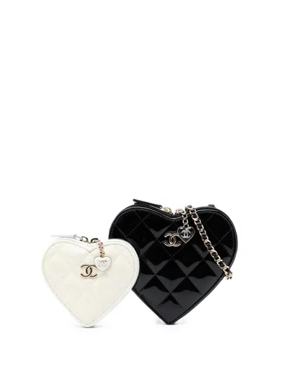 Pre-owned Chanel 2021-2026 Quilted Patent Duo Heart Clutch With Chain Crossbody Bag In Black