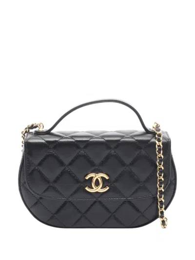 Pre-owned Chanel 2021-2026 Quilted Shiny Aged Calfskin Flap Phone Holder With Chain Satchel In Black