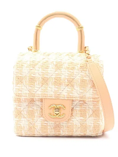 Pre-owned Chanel 2021-2026 Quilted Tweed Crush Top Handle Flap Satchel In Pink