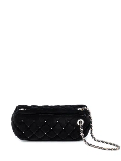 Pre-owned Chanel 2021-2026 Quilted Velvet Diamante Wristlet Clutch Bag In Black