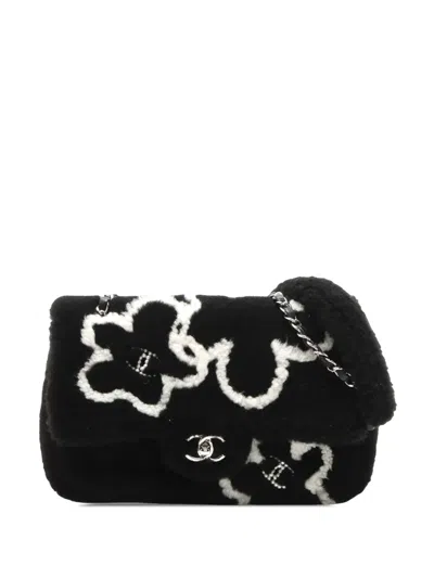 Pre-owned Chanel 2021-2026 Shearling Camellia Pearl Embellished Flap Shoulder Bag In Black