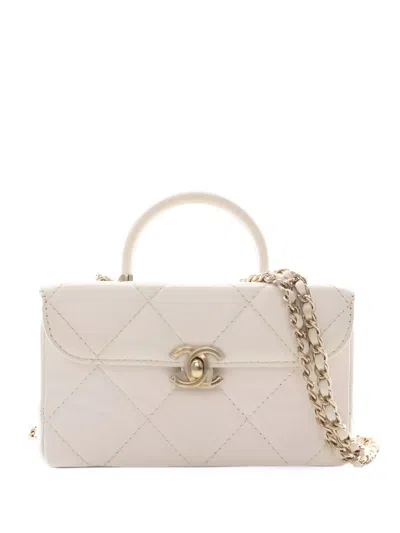 Pre-owned Chanel 2021-2026 Small Cc Quilted Calfskin Top Handle Vanity Case Satchel In White