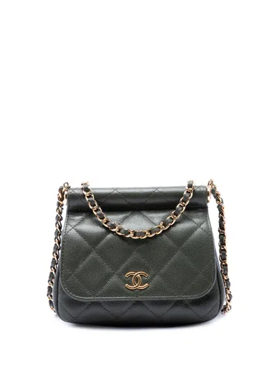 Pre-owned Chanel 2021-2026 Small Cc Quilted Caviar Bar Flap Clutch With Chain Crossbody Bag In Green