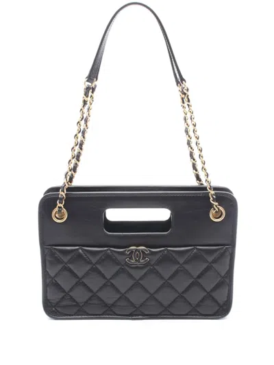 Pre-owned Chanel 2021-2026 Small Cc Quilted Lambskin Shopping Bag Satchel In Black