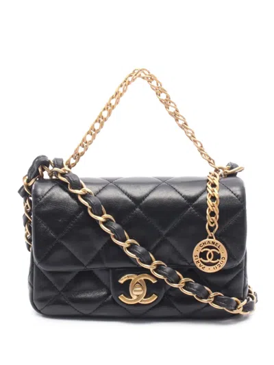 Pre-owned Chanel 2021-2026 Small Cc Quilted Lambskin Single Flap Satchel In Black