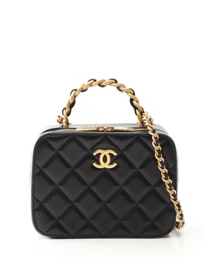 Pre-owned Chanel 2021-2026 Small Cc Quilted Lambskin Top Handle Vanity Case Satchel In Black