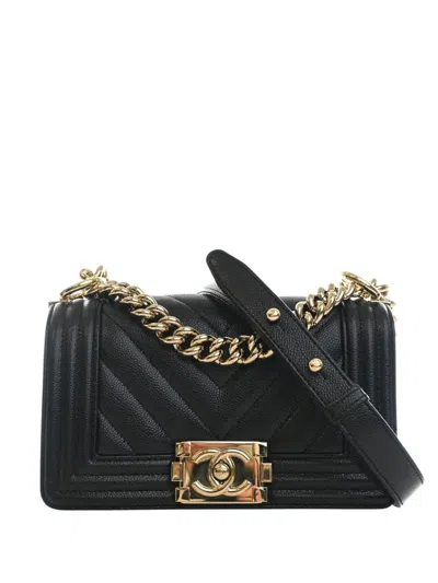 Pre-owned Chanel 2021-2026 Small Chevron Caviar Boy Flap Crossbody Bag In Black