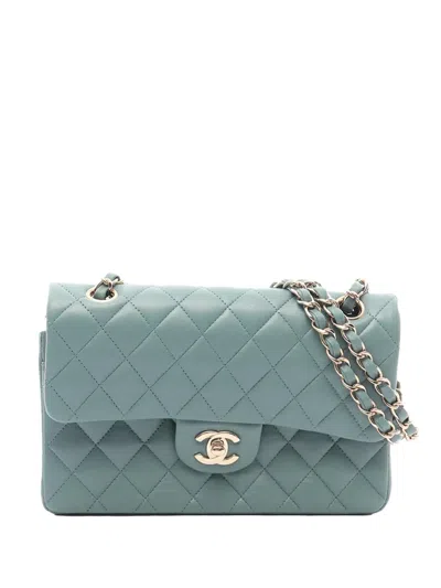 Pre-owned Chanel 2021-2026 Small Classic Lambskin Double Flap Shoulder Bag In Green