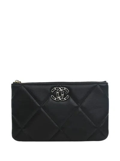 Pre-owned Chanel 2021-2026 Small Lambskin 19 O Case Pouch Clutch Bag In Black