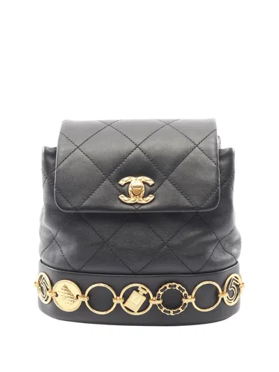 Pre-owned Chanel 2021-2026 Small Lambskin Charms Backpack In Black
