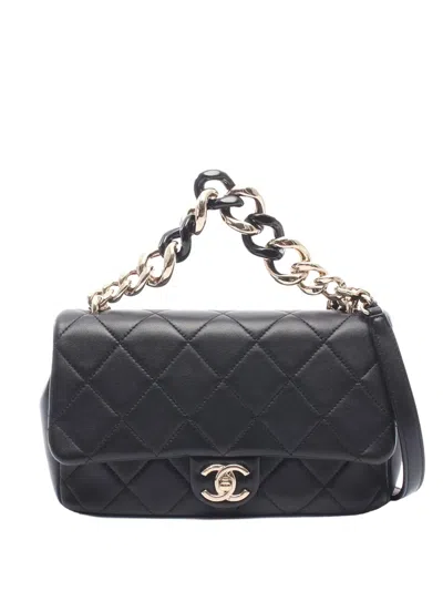 Pre-owned Chanel 2021-2026 Small Lambskin Elegant Chain Single Flap Satchel In Black