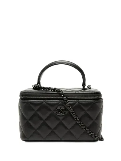 Pre-owned Chanel 2021-2026 Small Lambskin So Black Top Handle Vanity Case With Chain Satchel