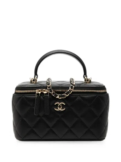 Pre-owned Chanel 2021-2026 Small Lambskin Top Handle Vanity Case With Chain Satchel In Black