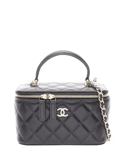Pre-owned Chanel 2021-2026 Small Lambskin Top Handle Vanity Case With Chain Satchel In Black