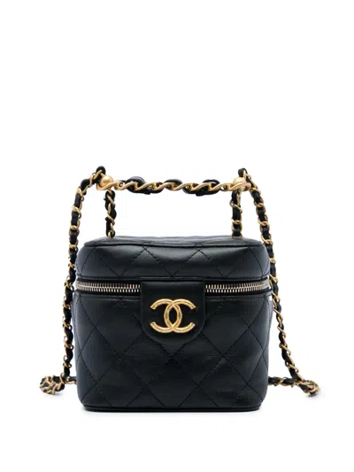Pre-owned Chanel 2021-2026 Small Quilted Calfskin Chain Bar Vanity Case With Chain Satchel In Black