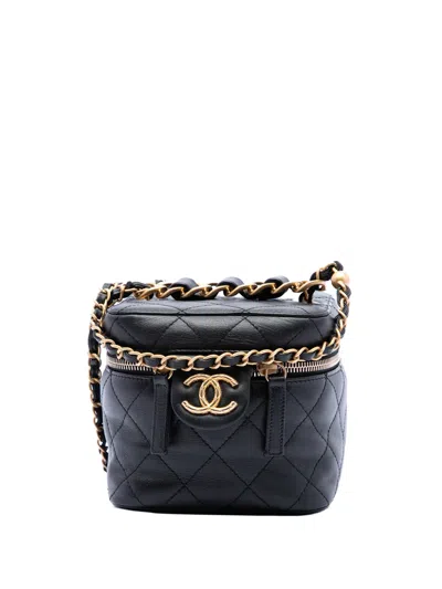 Pre-owned Chanel 2021-2026 Small Quilted Calfskin Chain Bar Vanity Case With Chain Satchel In Black