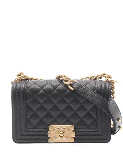 Pre-owned Chanel 2021-2026 Small Quilted Caviar Boy Flap Crossbody Bag In Black