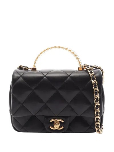 Pre-owned Chanel 2021-2026 Small Quilted Lambskin Resin Top Handle Flap Satchel In Black