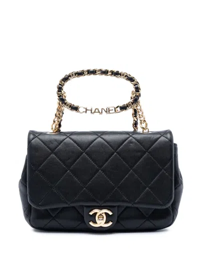 Pre-owned Chanel 2021-2026 Small Quilted Lambskin Round Top Handle Flap Satchel In Black
