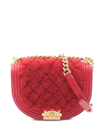 Pre-owned Chanel 2021-2026 Small Quilted Shearling Boy Messenger Bag Crossbody Bag In Red