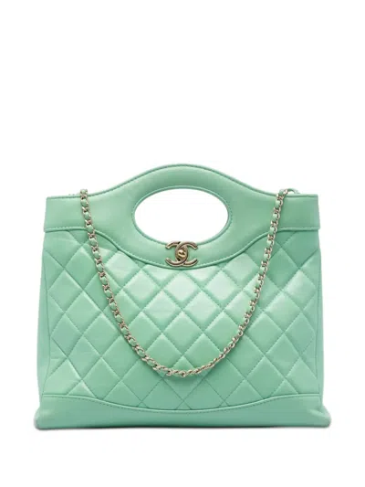 Pre-owned Chanel 2021-2026 Small Quilted Shiny Lambskin 31 Shopping Bag Satchel In Green