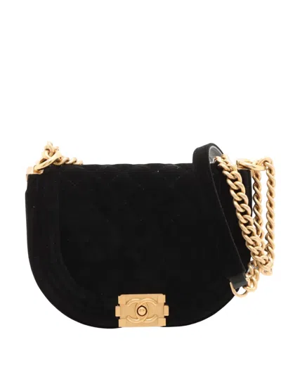 Pre-owned Chanel 2021-2026 Small Quilted Velvet Boy Messenger Bag Crossbody Bag In Black