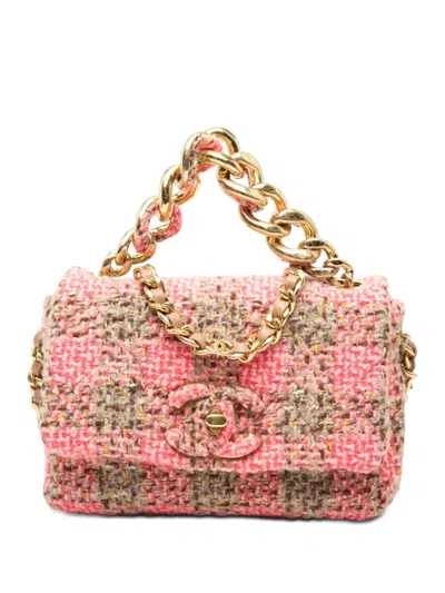 Pre-owned Chanel 2021-2026 Small Quilted Wool Tweed Elegant Chain Flap Satchel In Pink