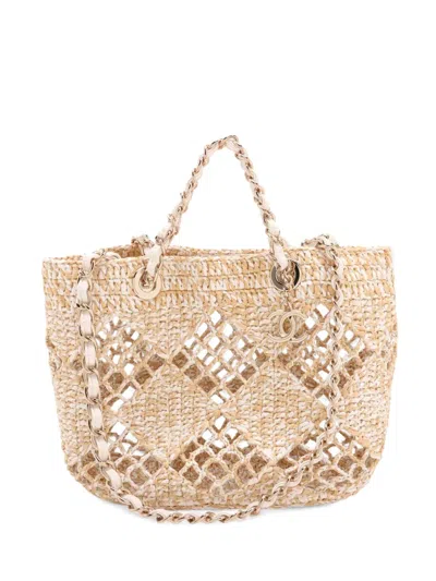 Pre-owned Chanel 2021-2026 Small Raffia Shopping Bag Satchel In Neutral