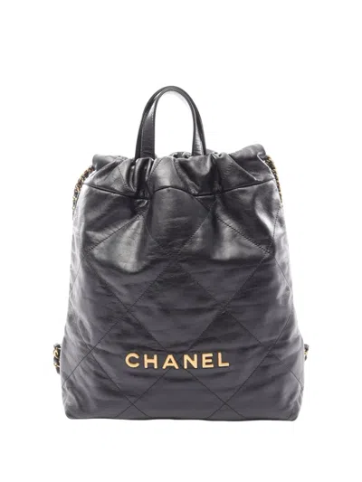 Pre-owned Chanel 2021-2026 Small Shiny Quilted Calfskin 22 Backpack In Black