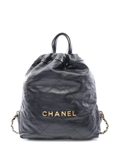 Pre-owned Chanel 2021-2026 Small Shiny Quilted Calfskin 22 Backpack In Black