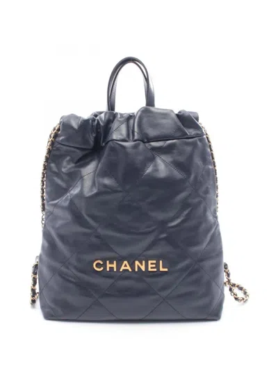 Pre-owned Chanel 2021-2026 Small Shiny Quilted Calfskin 22 Backpack In Blue