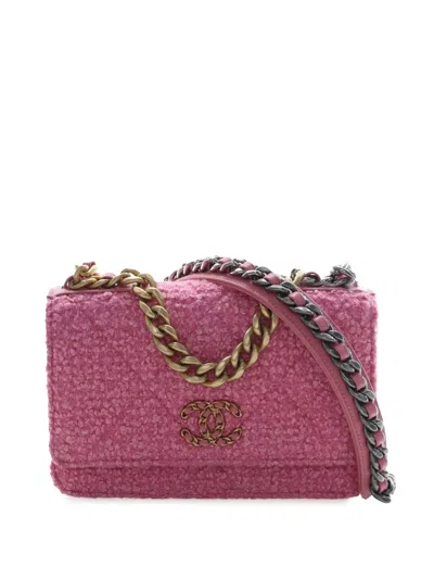 Pre-owned Chanel 2021-2026 Tweed 19 Wallet On Chain Satchel In Pink