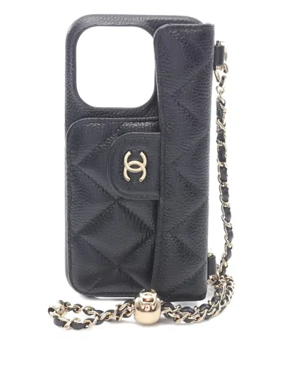 Pre-owned Chanel 2021s Caviar-leather Iphone 14 Pro Case In Black