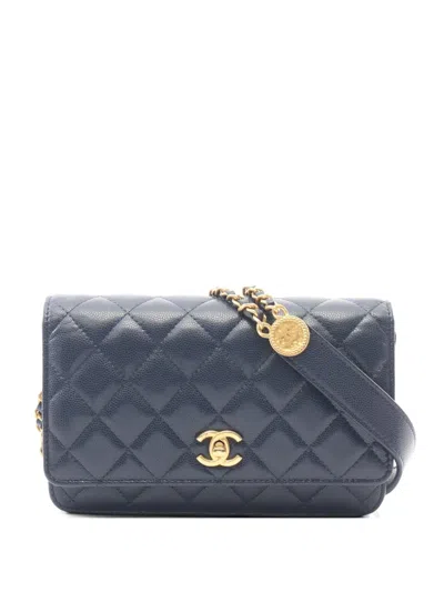 Pre-owned Chanel 2021s Matelassé Caviar Leather Chain Wallet In Blue