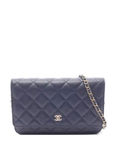 Pre-owned Chanel 2021s Matelassé Caviar-leather Chain Wallet In Blue