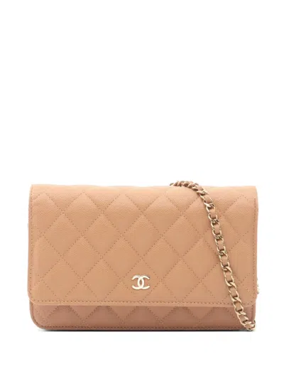 Pre-owned Chanel 2021s Matelassé Leather Chain Wallet In Neutral