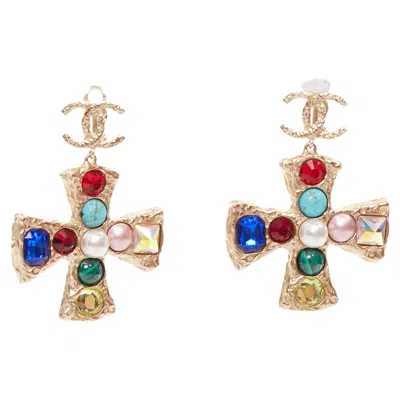 Pre-owned Chanel 2022 Bijoux De Couture Orecchini Cross Gold Cc Crucifix Clip Earring Pair