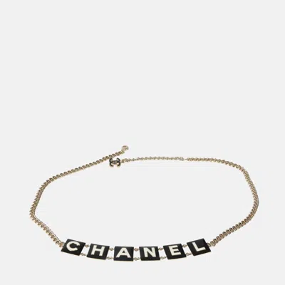 Pre-owned Chanel 2022 Black & White Enamel Gold Plated Logo Belt