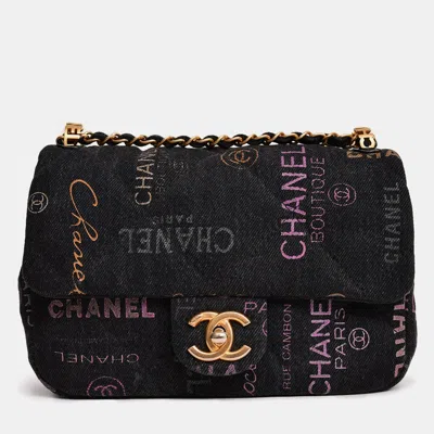 Pre-owned Chanel 2022 Black Denim Mood Monogram Mini Flap Bag