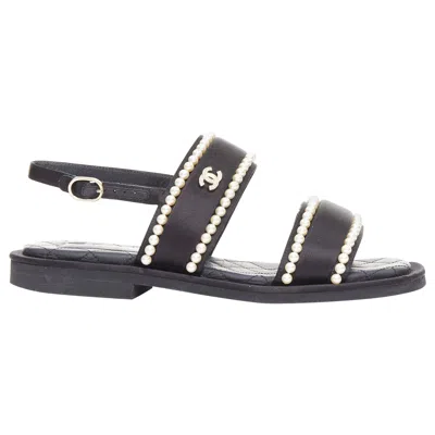 Pre-owned Chanel 2022 Black Pearl Embellished Satin Cc Flat Dad Sandals Eu36.5
