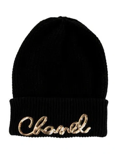 Pre-owned Chanel 2022 Cashmere Sequin Beanie In Black/gold