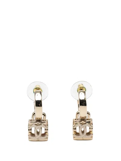 Pre-owned Chanel 2022 Cc Gold Plated Enamel Cube Drop Hoop Push Back Earrings Costume Earrings