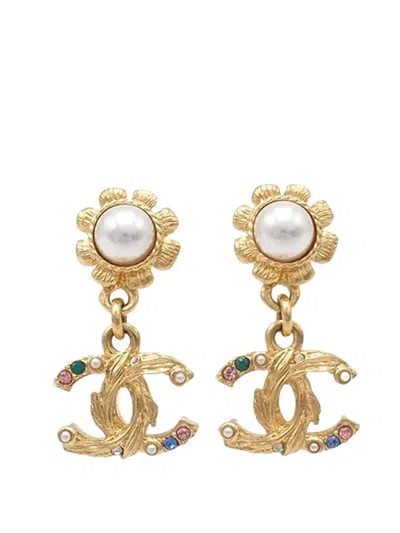 Pre-owned Chanel 2022 Cc Gold Plated Faux Pearl And Rhinestone Swing Push Back Earrings Costume Earrings