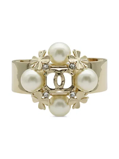 Pre-owned Chanel 2022 Cc Gold Plated Faux Pearl Clover Cuff Bracelet Costume Bracelet