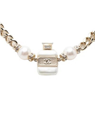 Pre-owned Chanel 2022 Cc Gold Plated Faux Pearl Strass No 5 Perfume Bottle Pendant Necklace Costume Necklace