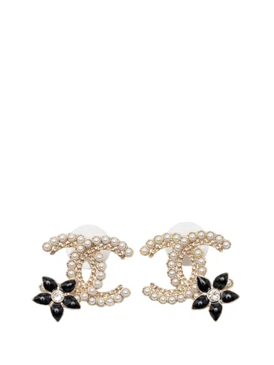Pre-owned Chanel 2022 Cc Gold Plated Faux Pearl Strass Resin Bullet Back Earrings Costume Earrings