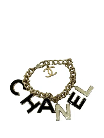 Pre-owned Chanel 2022 Cc Gold Plated Lacquered Logo Letter Charms Chain Bracelet Costume Bracelet In Black